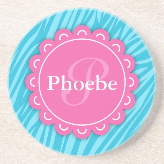 Rosa Moderne Blume Monogram Aqua Blue Zebra Print Sandstein Untersetzer (Vorne)