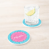 Rosa Moderne Blume Monogram Aqua Blue Zebra Print Sandstein Untersetzer (Seite)
