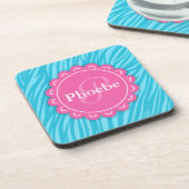 Rosa Moderne Blume Monogram Aqua Blue Zebra Print Untersetzer (Linke Seite)
