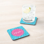 Rosa Moderne Blume Monogram Aqua Blue Zebra Print Untersetzer (Rechte Seite)