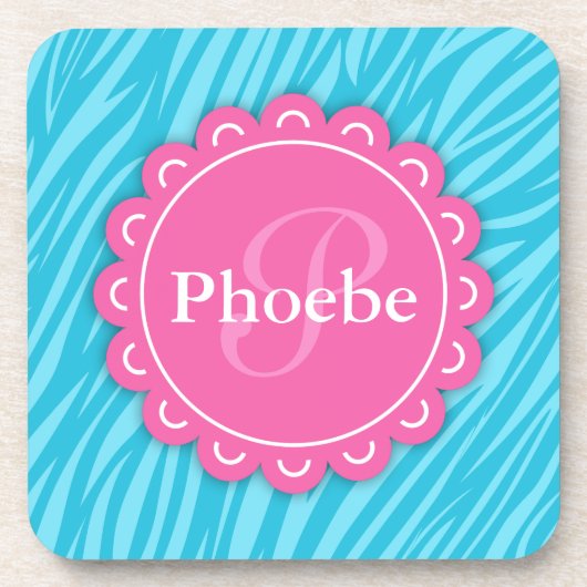 Rosa Moderne Blume Monogram Aqua Blue Zebra Print Untersetzer (Vorderseite)