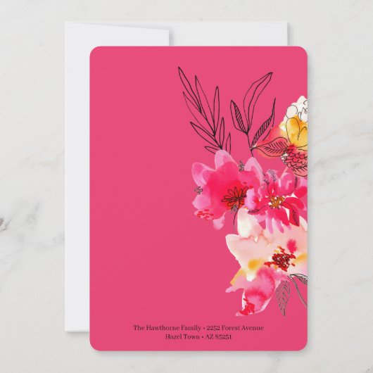 Rosa moderne, blumengeschmückte abstrakte Hochzeit Einladung (Rückseite)