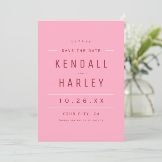 Rosa Moderne Chic Typografie Einfaches Foto Save The Date (Stehend Vorderseite)