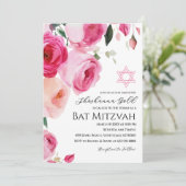 Rosa moderne floral Bat Mitzvah Einladung (Stehend Vorderseite)
