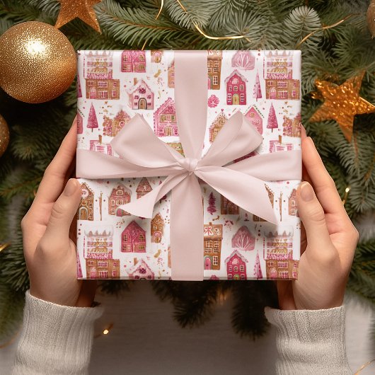 Rosa moderne Geschenkpapier mit Lebkuchenhäuschen