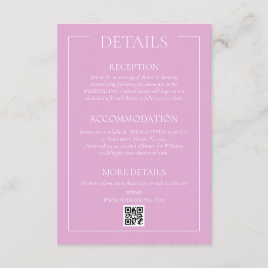 Rosa moderne Hochzeitdetails Begleitkarte (Vorderseite)