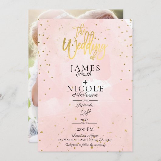 Rosa Moderne Minimal Gold Foil Volles Foto Hochzei Einladung (Vorne/Hinten)