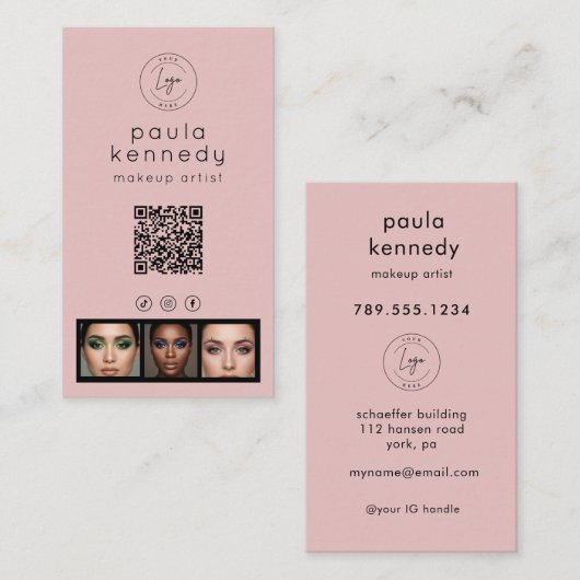 Rosa Modernes Foto-Logo QR-Code Visitenkarte (Vorne/Hinten)