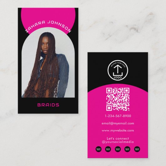 Rosa modernes Make-up-Haar-Bogen-Foto-QR-Code-Logo Visitenkarte (Vorne/Hinten)