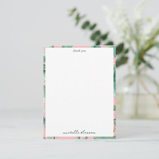 Rosa Modernes tropisches Bananenpalme Blätter Dankeskarte (Stehend Vorderseite)