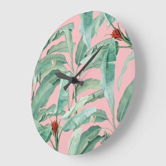 Rosa Modernes tropisches Bananenpalme Blätter Große Wanduhr (Winkel)