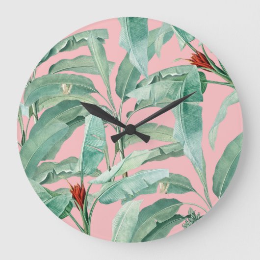Rosa Modernes tropisches Bananenpalme Blätter Große Wanduhr (Vorderseite)