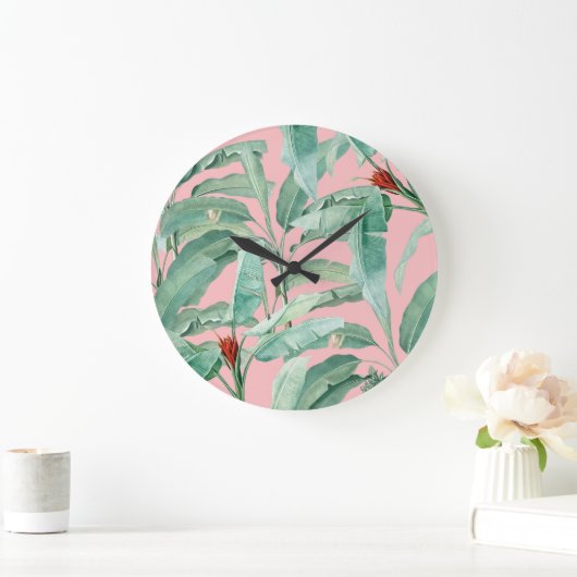 Rosa Modernes tropisches Bananenpalme Blätter Große Wanduhr (Zuhause)