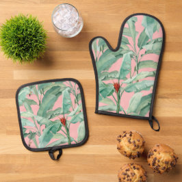 Rosa Modernes tropisches Bananenpalme Blätter Ofenhandschuh & Topflappen-Set