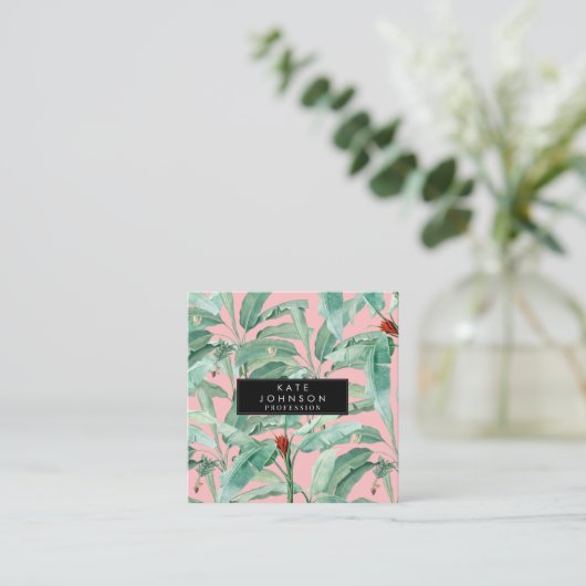 Rosa Modernes tropisches Bananenpalme Blätter Quadratische Visitenkarte (Stehend Vorderseite)