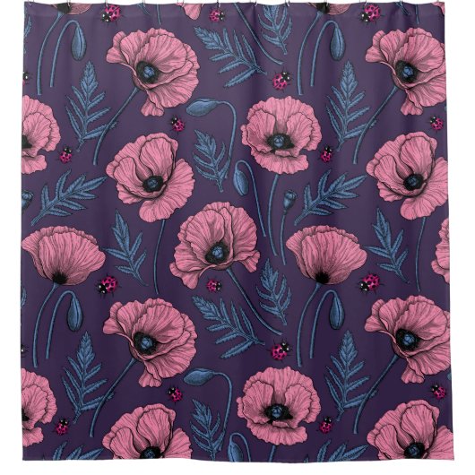 Rosa Mohn auf dunkelviolett Duschvorhang (Vorderseite)