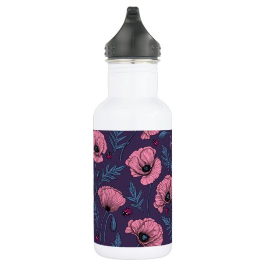 Rosa Mohn auf dunkelviolett Edelstahlflasche (Rechts)