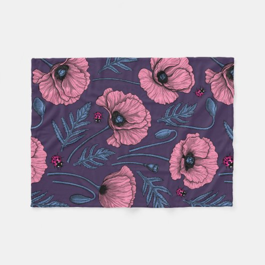 Rosa Mohn auf dunkelviolett Fleecedecke (Vorderseite (Horizontal))