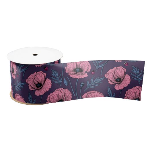 Rosa Mohn auf dunkelviolett Satinband (Spule)