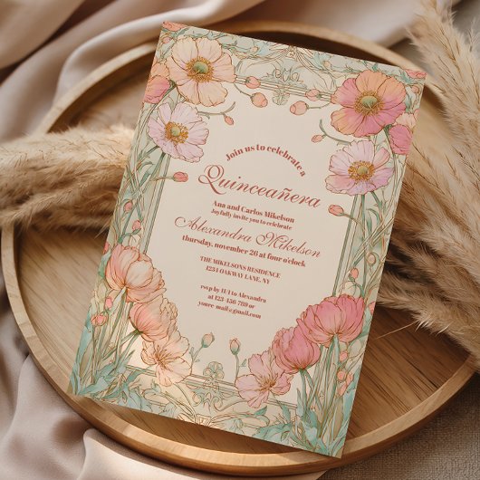 Rosa Mohn-Quinceañera-Feier Einladung