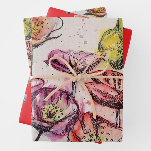 Rosa Mohnblume Blume Blumenmohn Wasserfarben Wasse Geschenkpapier Set (Beispiel)