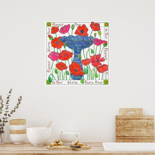 Rosa Mohnblume Blume Garten Vogelbad Poster (Küche)
