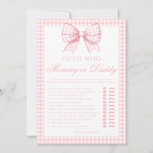 Rosa Mommy oder Papaddy-Bogen-Gingham-Baby-Duschsp Einladung (Vorderseite)