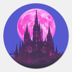 Rosa Mond Gotische Kathedrale Runder Aufkleber