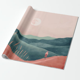 Rosa Mond Teal Boho Berglandschaft Geschenkpapier