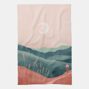 Rosa Mond Teal Boho Berglandschaft Geschirrtuch