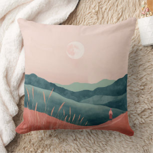 Rosa Mond Teal Boho Berglandschaft Kissen