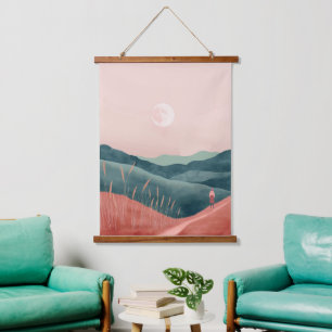 Rosa Mond Teal Boho Berglandschaft Wandteppich Mit Holzrahmen