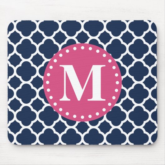 rosa Mongram Navy Quatrefolienmuster Mousepad (Vorne)