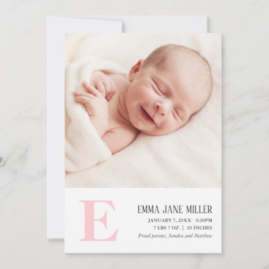 Rosa Monogram Baby Birth Announcement Foto Card Ankündigung (Vorderseite)