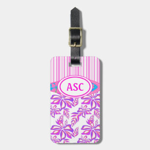 Rosa Monogram Hawaiianische Blume und Surfboard Be Gepäckanhänger
