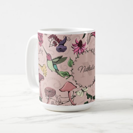 Rosa Monogram Hummingbird & Blume Garden Kaffeetasse (Vorderseite Links)