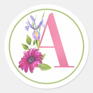 Rosa Monogramm A mit Sommerblumen Runder Aufkleber