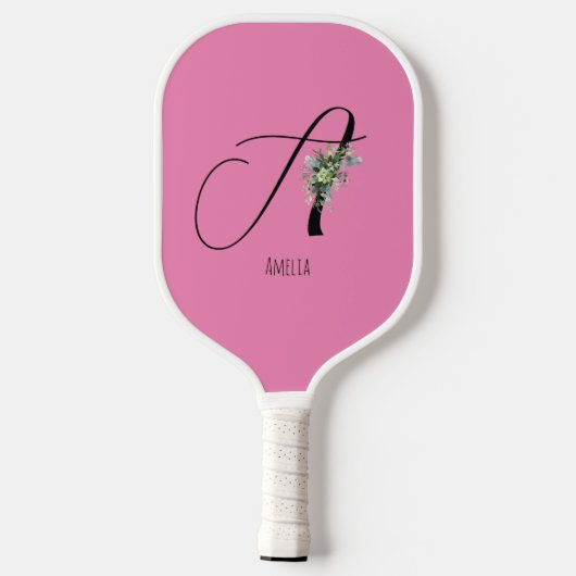 Rosa monogramm Aquarell-Blume Pickleball Schläger (Rückseite)
