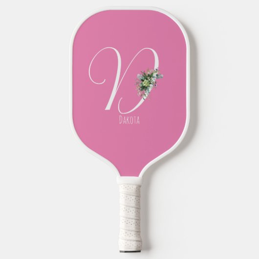 Rosa monogramm Aquarell-Blume Pickleball Schläger (Vorderseite)
