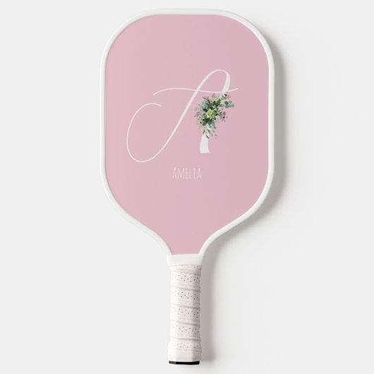 Rosa monogramm Aquarell-Blume Pickleball Schläger (Rückseite)