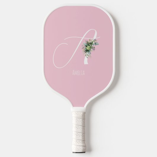 Rosa monogramm Aquarell-Blume Pickleball Schläger (Vorderseite)