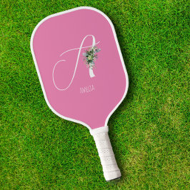 Rosa monogramm Aquarell-Blume Pickleball Schläger