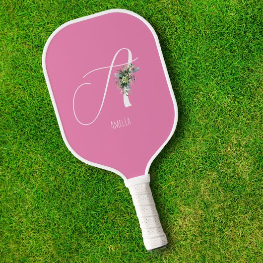 Rosa monogramm Aquarell-Blume Pickleball Schläger