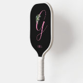 Rosa Monogramm Aquarell Blume schwarzer Name Pickleball Schläger (Links)