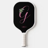 Rosa Monogramm Aquarell Blume schwarzer Name Pickleball Schläger (Rückseite)