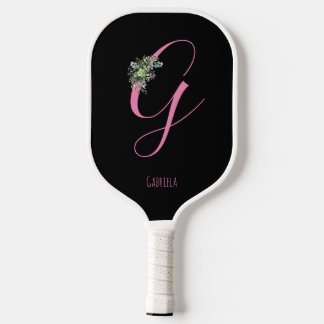 Rosa Monogramm Aquarell Blume schwarzer Name Pickleball Schläger