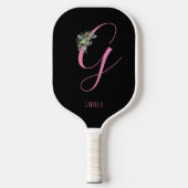 Rosa Monogramm Aquarell Blume schwarzer Name Pickleball Schläger (Vorderseite)