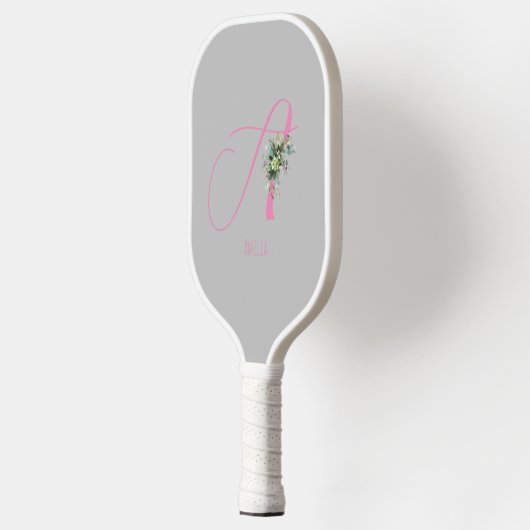 Rosa Monogramm Aquarellfarbe Blume grau Pickleball Schläger (Links)