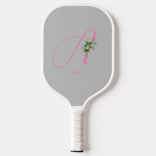 Rosa Monogramm Aquarellfarbe Blume grau Pickleball Schläger (Rückseite)