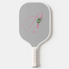 Rosa Monogramm Aquarellfarbe Blume grau Pickleball Schläger